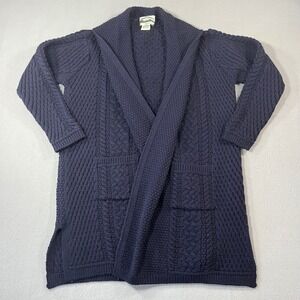 Aran Crafts Navy Blue Merino Wool Cable Knit open front Long Cardigan Sweater XL
